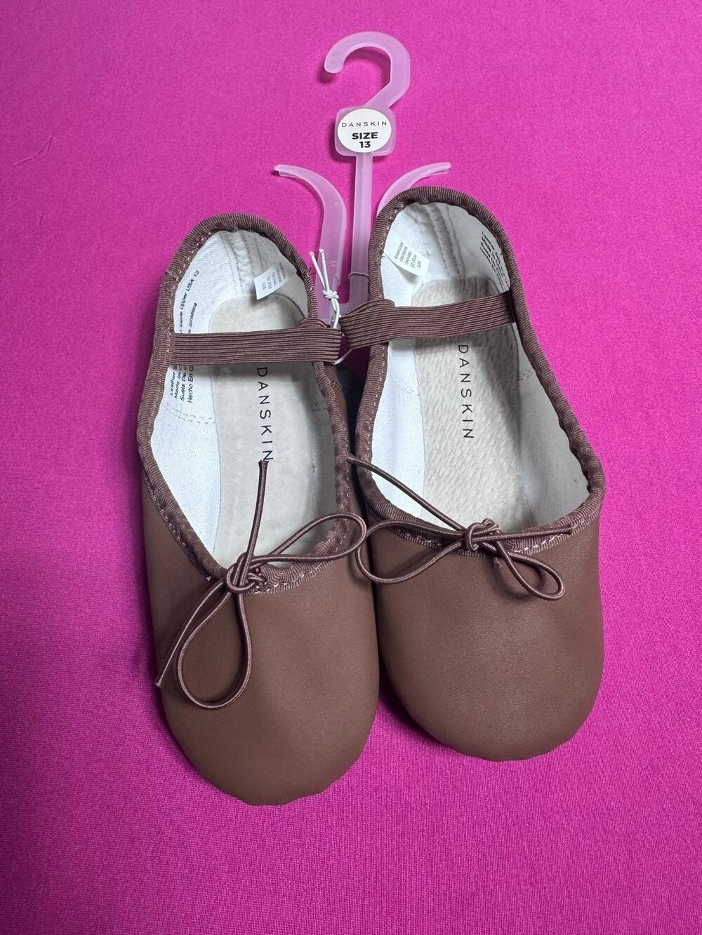 Danskin Ballet Slippers – Brown Stretch Elastic Bow Dance Shoes Size 13
